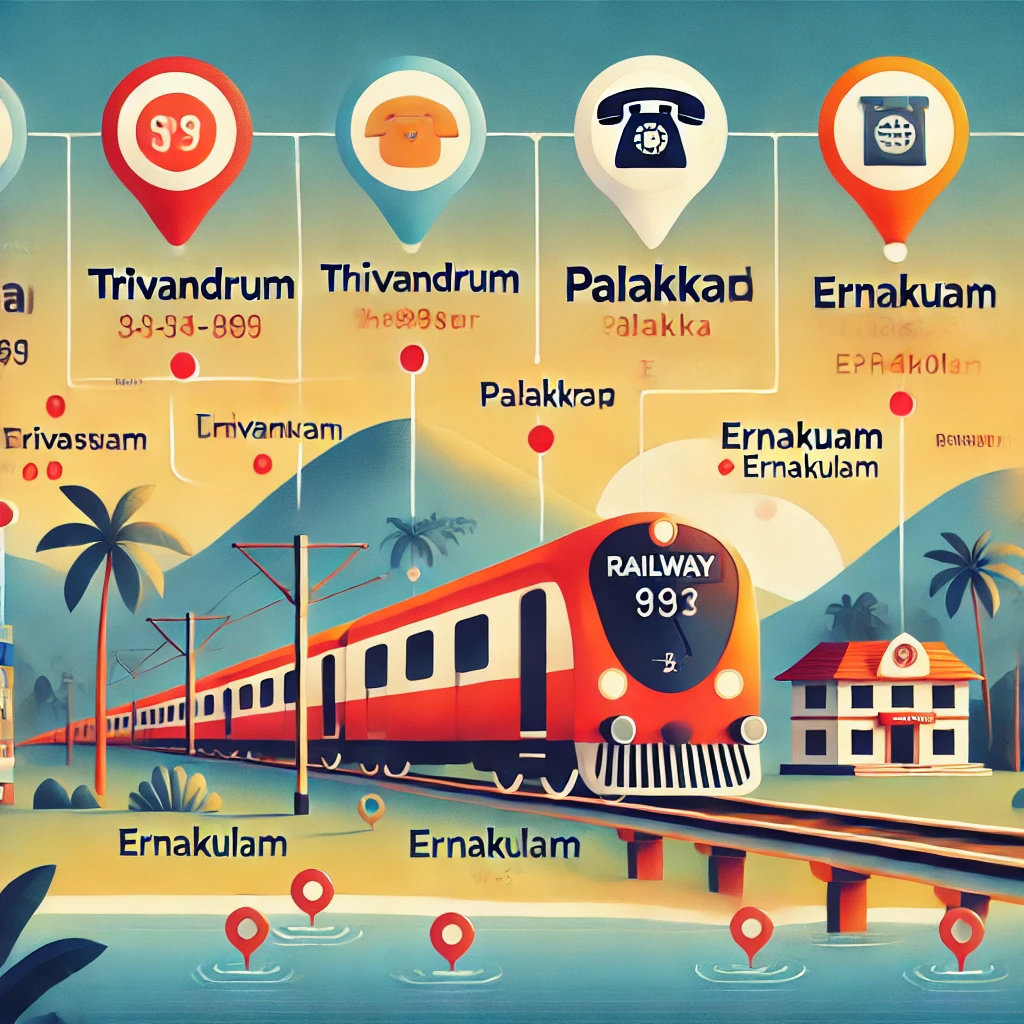 Modern map of Kerala railway stations with phone numbers and a train in the background, symbolizing connectivity