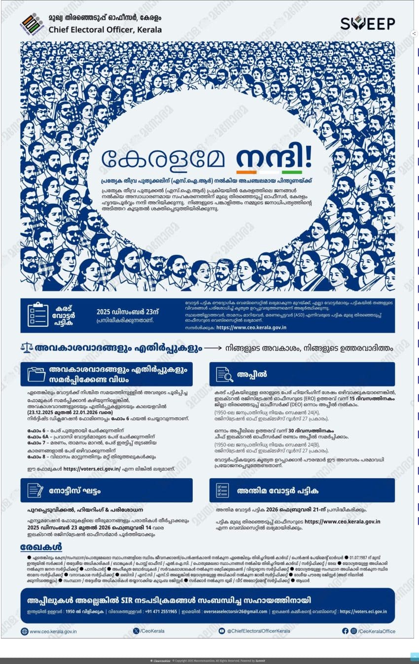 Kerala Electoral Roll Summary Revision 2026 voter awareness notice by Chief Electoral Officer